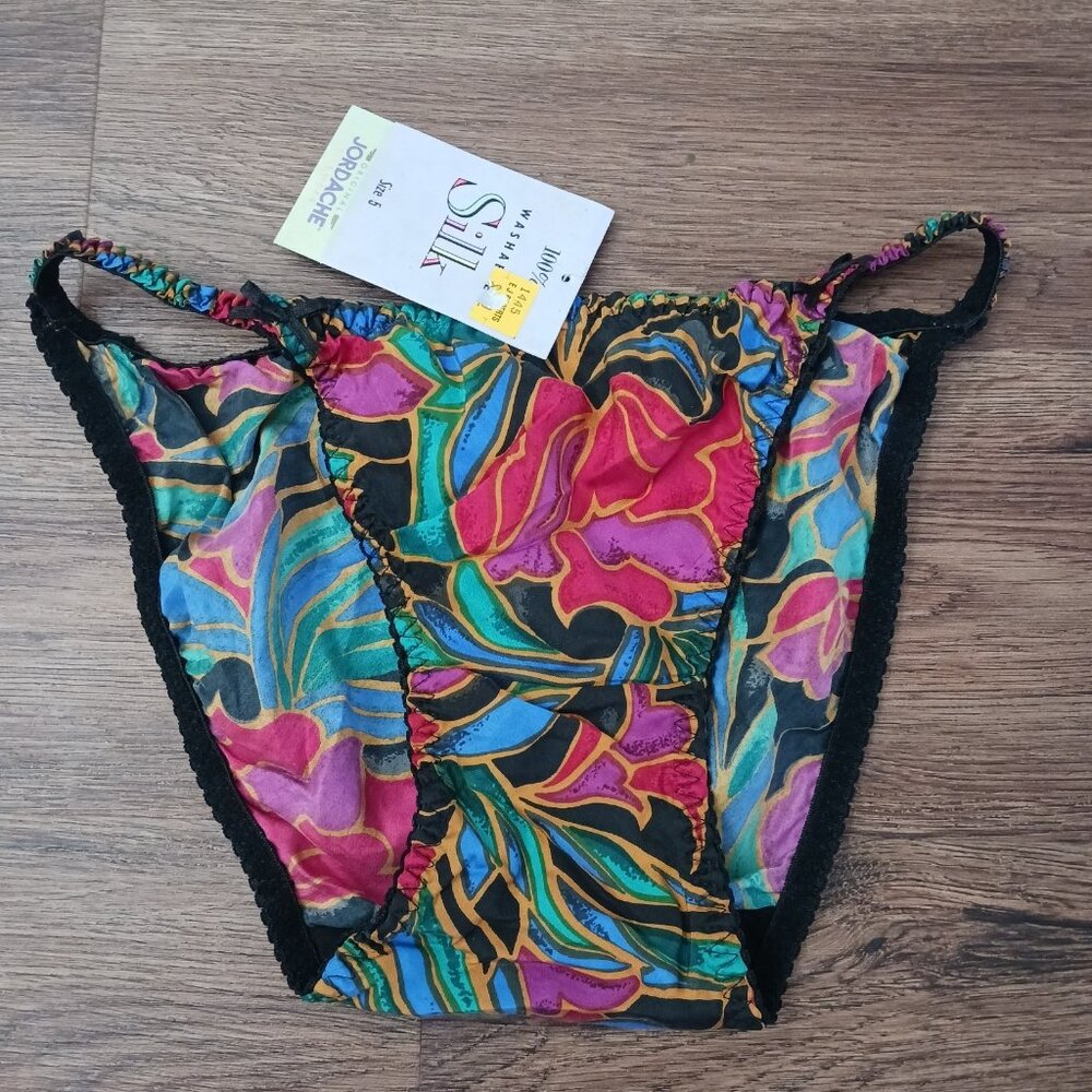 New Vintage Jordache 100% Washable Silk String Floral Bikini Panties Size 5